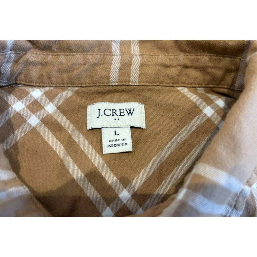 J.Crew Shirt Women's Large Flannel Tan Khaki Plaid Button Up Pocket 100% Cotton - Picture 7 of 8